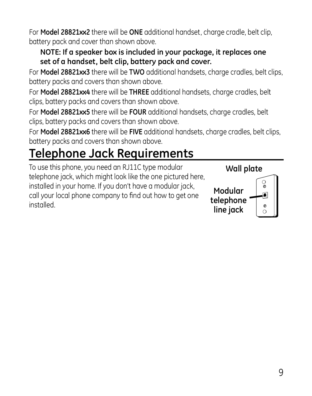 GE 28821 manual Telephone Jack Requirements 