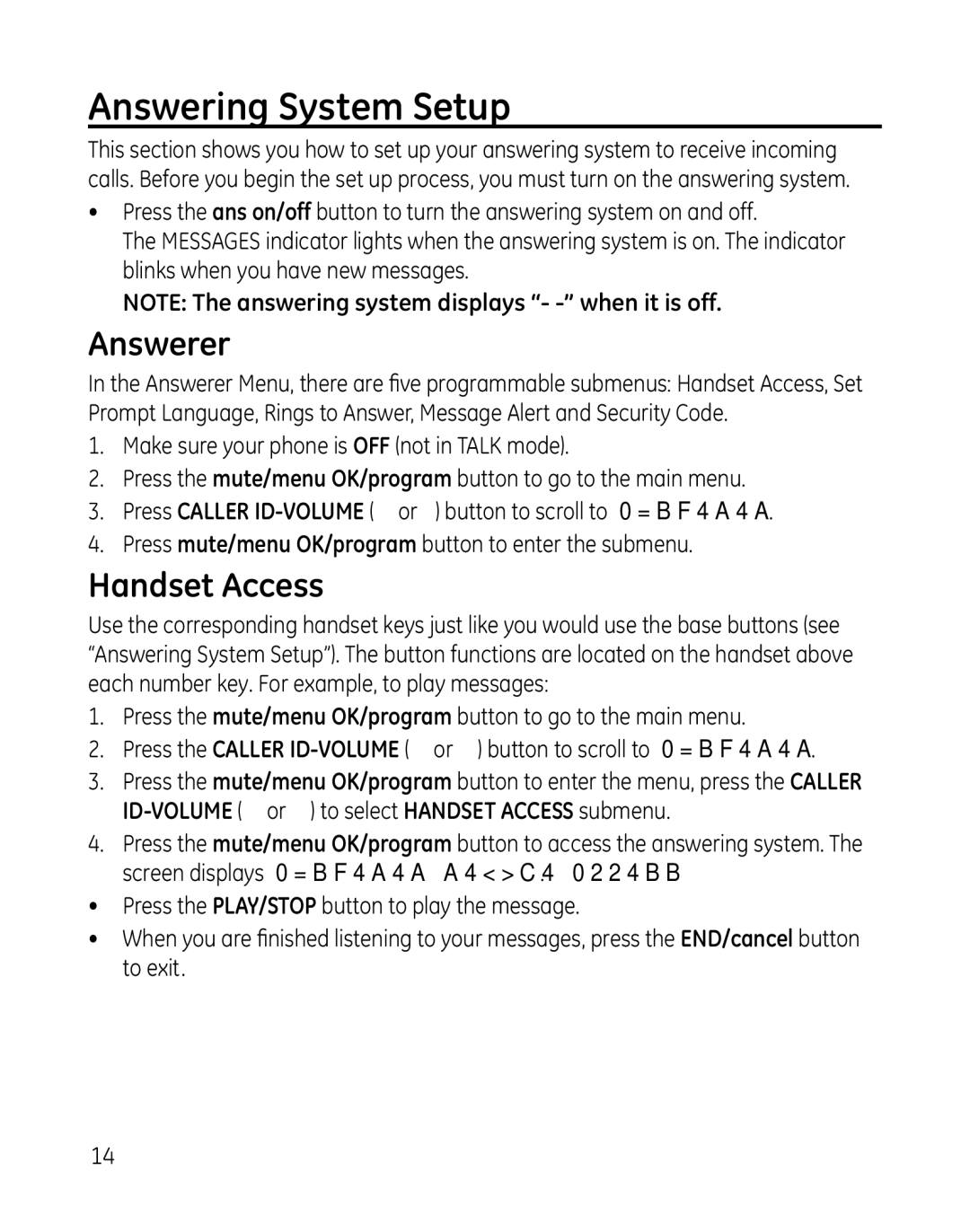 GE 28851 manual Answering System Setup, Answerer, Handset Access 