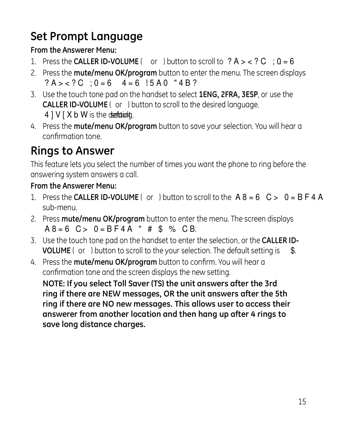 GE 28851 manual Set Prompt Language, Rings to Answer 