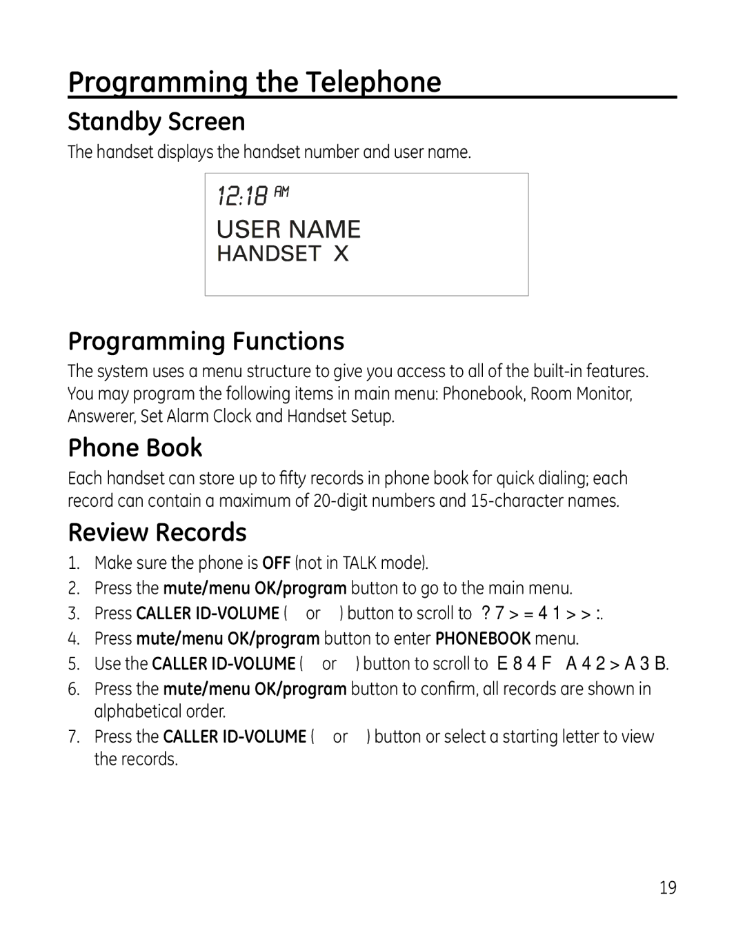 GE 28851 manual Programming the Telephone, Standby Screen, Programming Functions, Phone Book, Review Records 