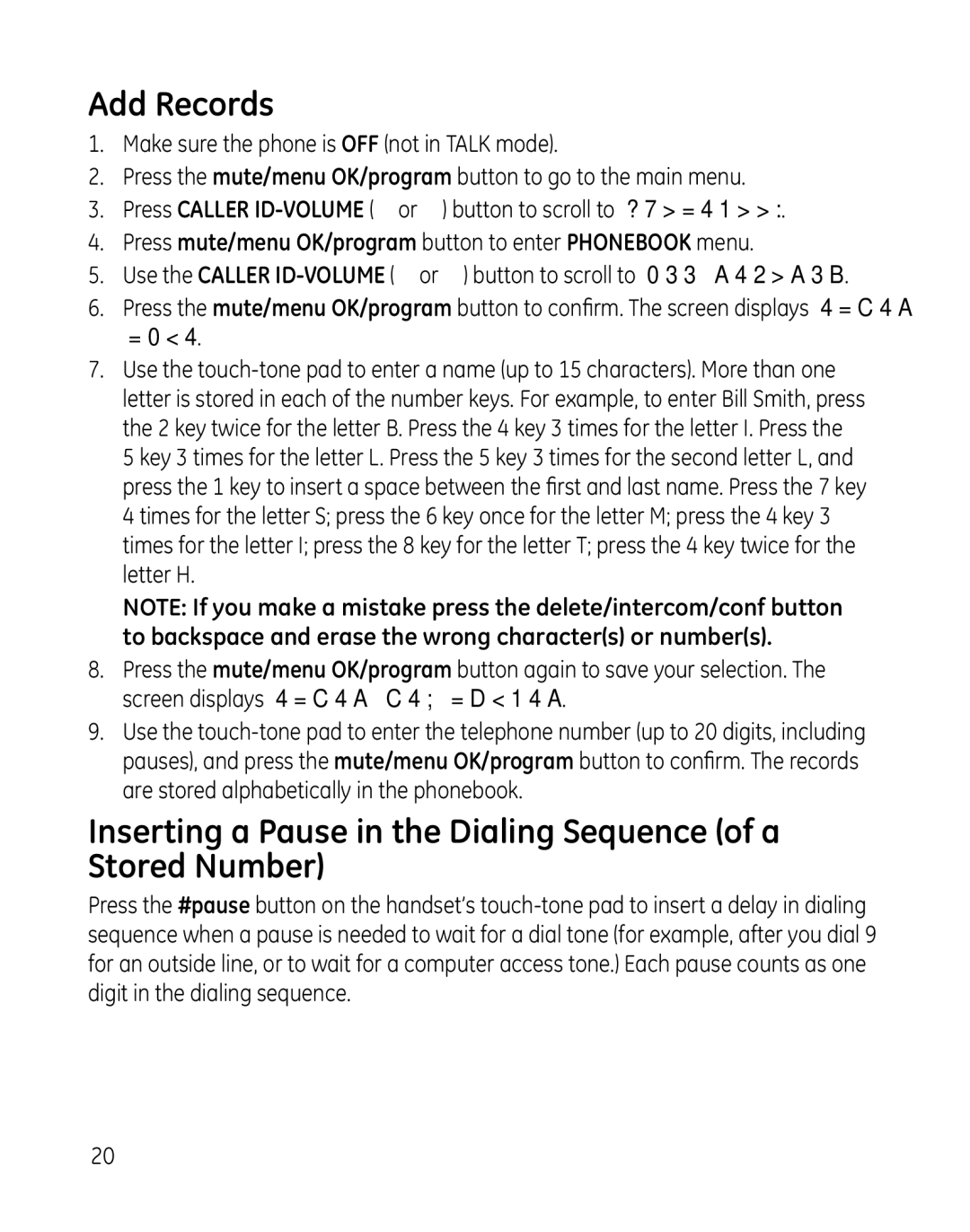 GE 28851 manual Add Records, Inserting a Pause in the Dialing Sequence of a Stored Number 