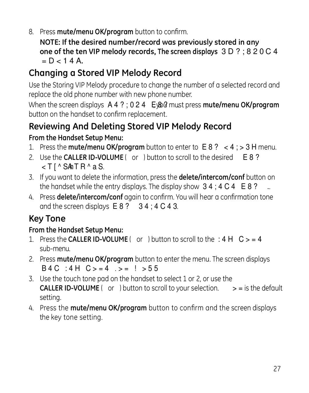 GE 28851 manual Changing a Stored VIP Melody Record, Reviewing And Deleting Stored VIP Melody Record, Key Tone 