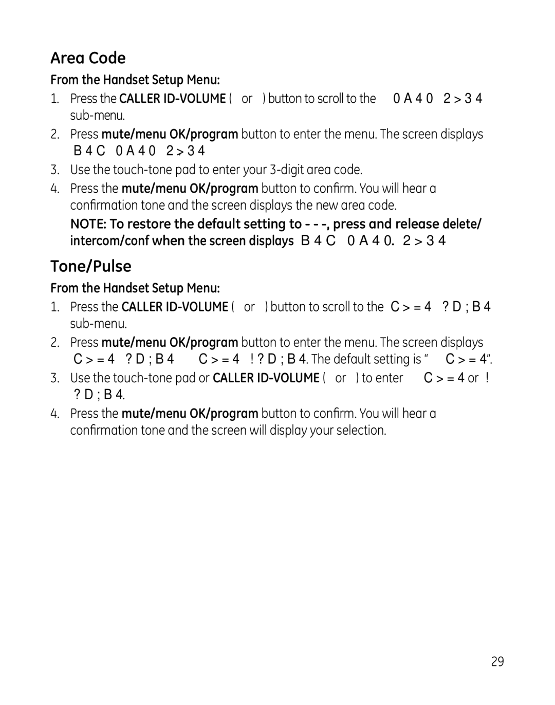 GE 28851 manual Area Code, Tone/Pulse 