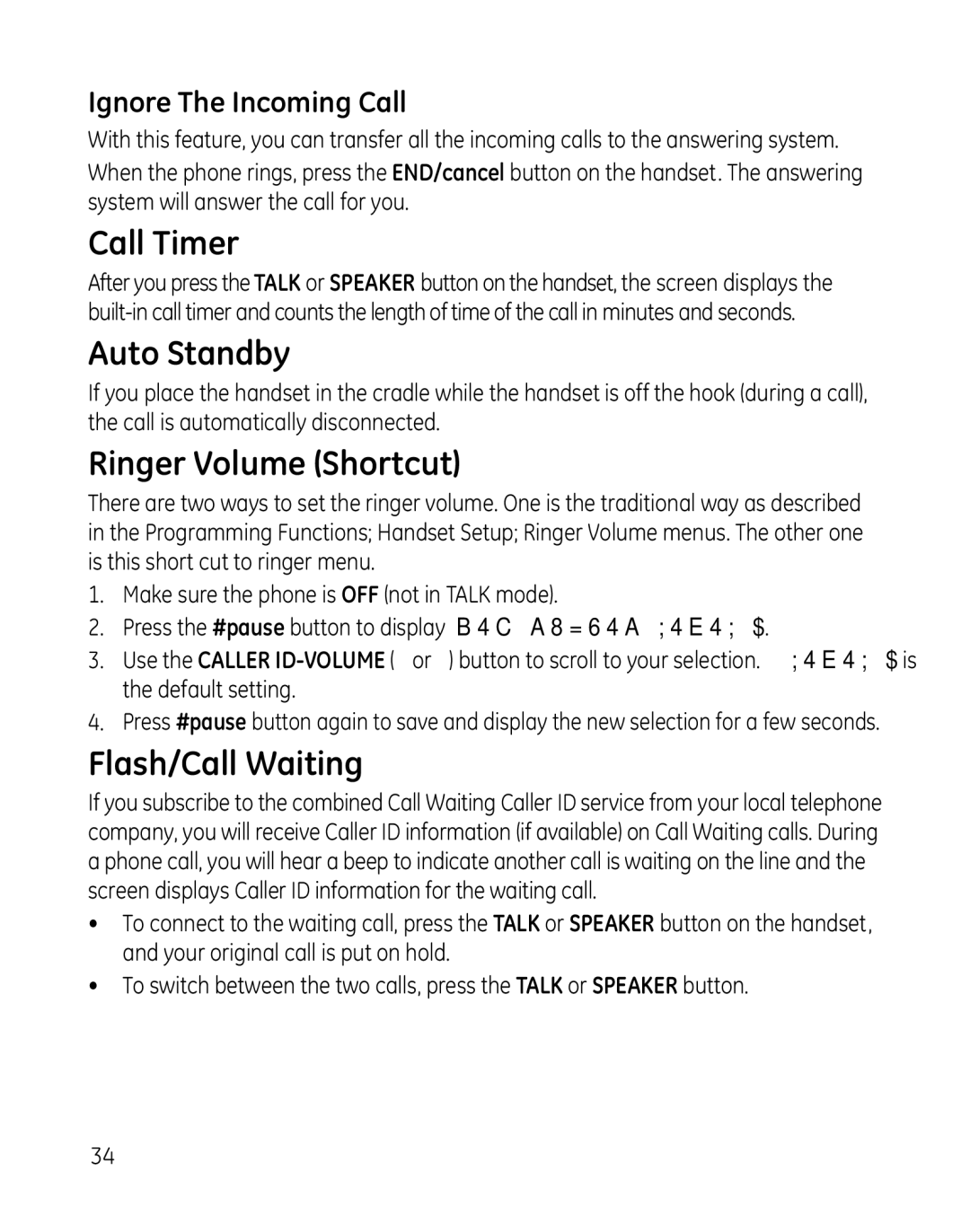 GE 28851 manual Call Timer, Auto Standby, Ringer Volume Shortcut, Flash/Call Waiting 