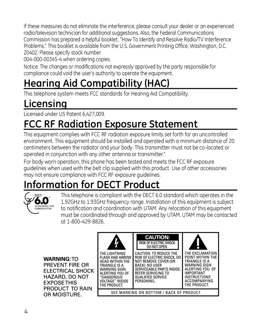 GE 28851 manual Hearing Aid Compatibility HAC, Licensing, FCC RF Radiation Exposure Statement, Information for Dect Product 