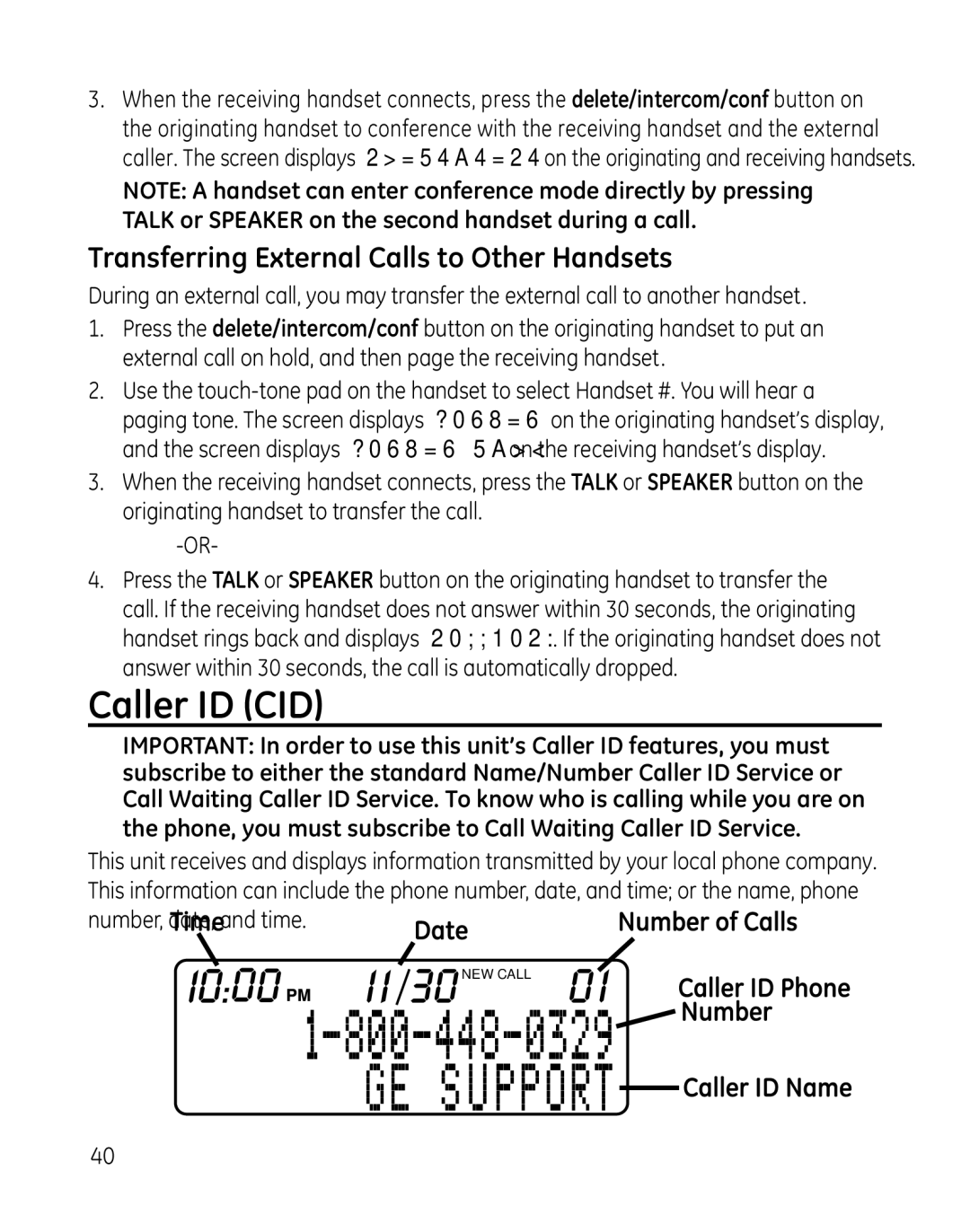 GE 28851 manual Caller ID CID, Transferring External Calls to Other Handsets 