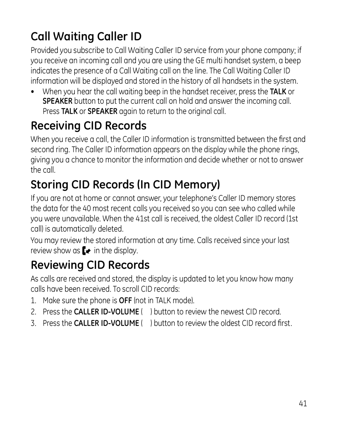 GE 28851 manual Call Waiting Caller ID, Receiving CID Records, Storing CID Records In CID Memory, Reviewing CID Records 