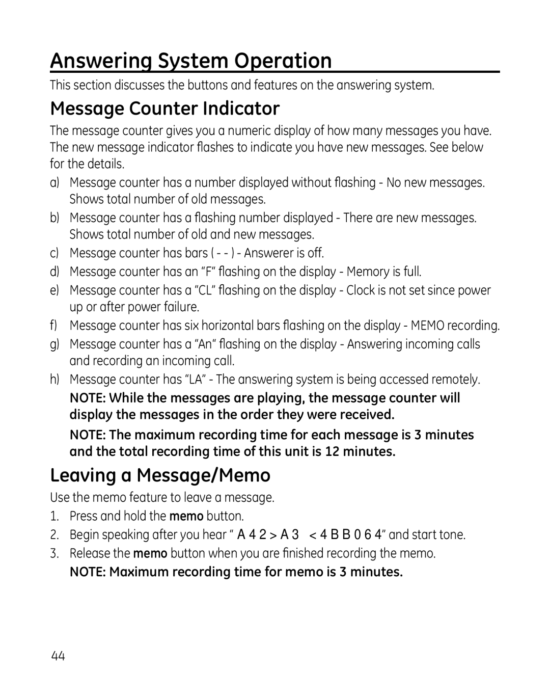 GE 28851 manual Answering System Operation, Message Counter Indicator, Leaving a Message/Memo 