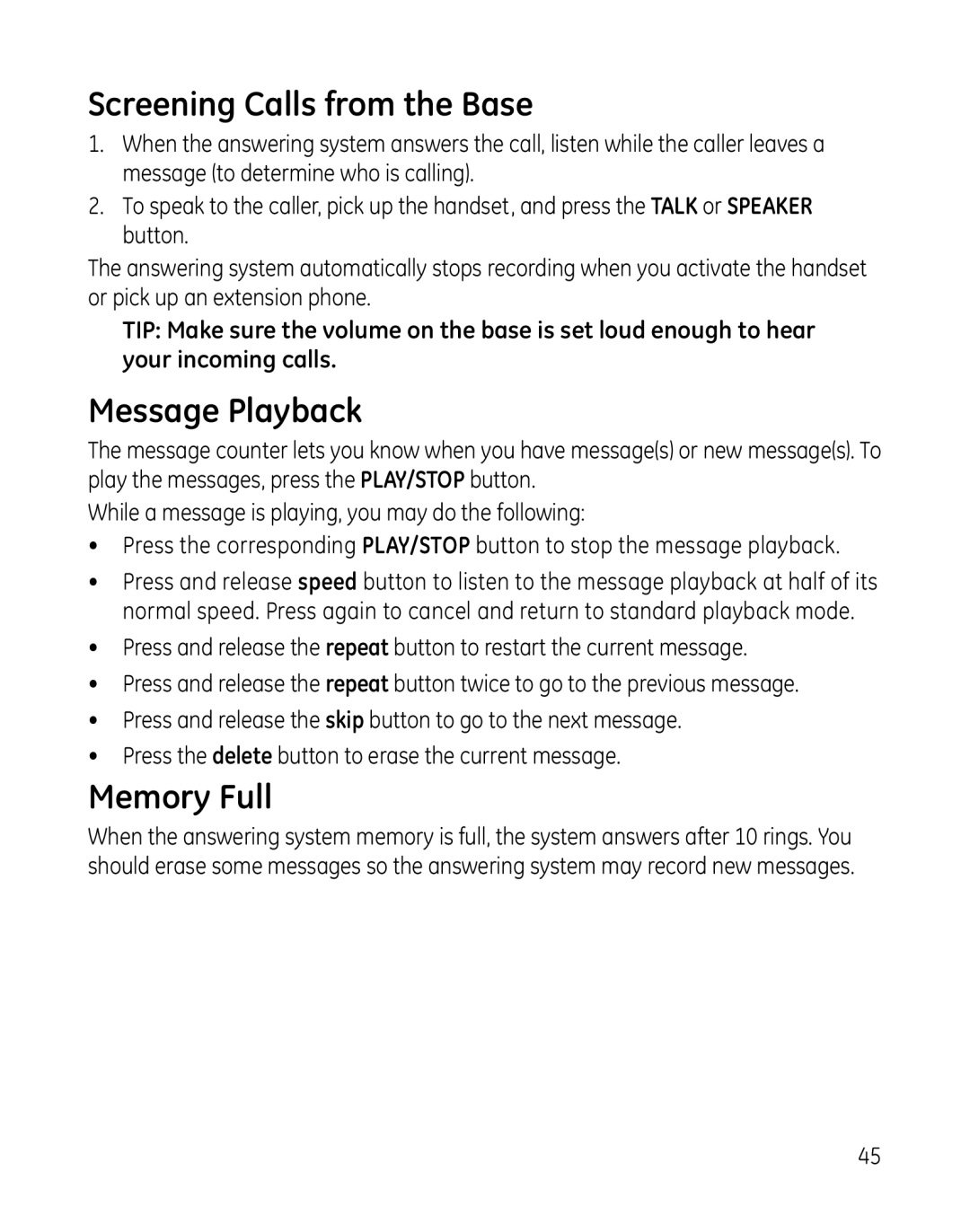 GE 28851 manual Screening Calls from the Base, Message Playback, Memory Full 