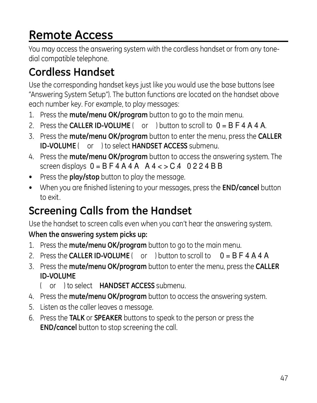 GE 28851 manual Remote Access, Cordless Handset, Screening Calls from the Handset 