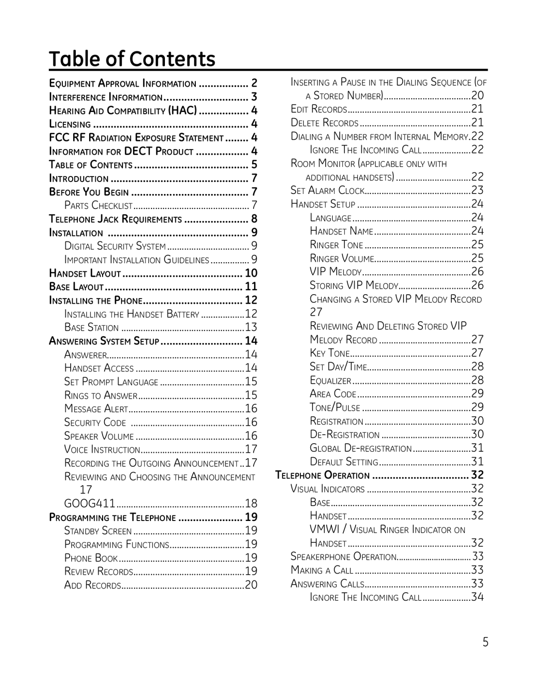 GE 28851 manual Table of Contents 