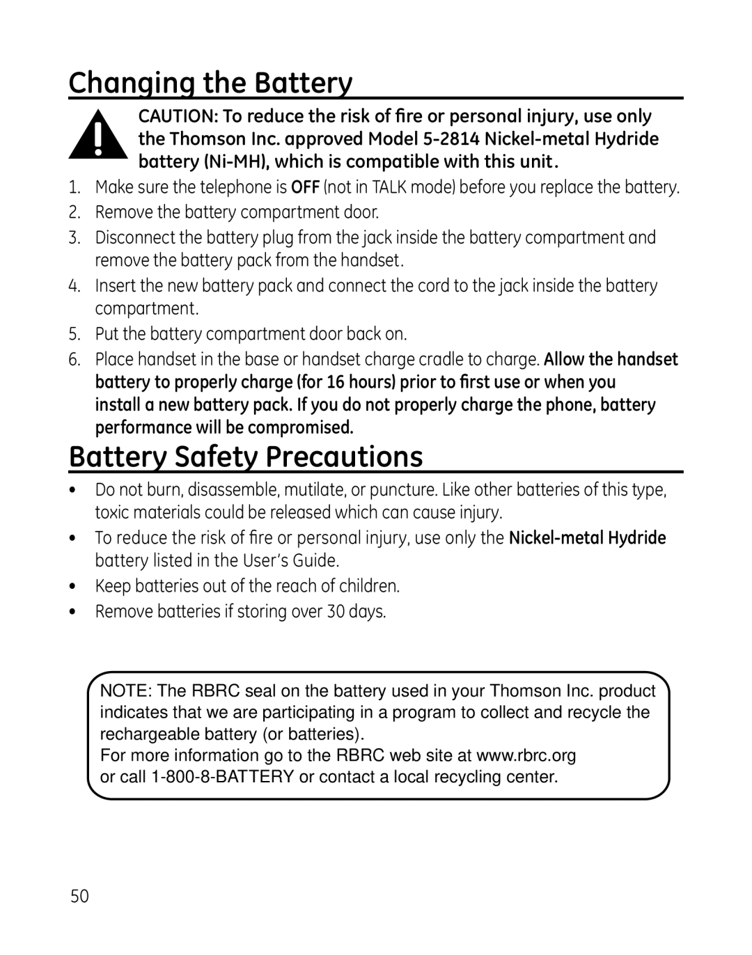 GE 28851 manual Changing the Battery, Battery Safety Precautions 