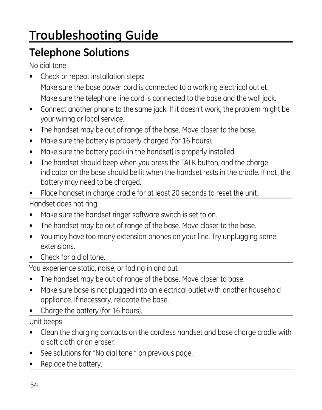 GE 28851 manual Troubleshooting Guide, Telephone Solutions 