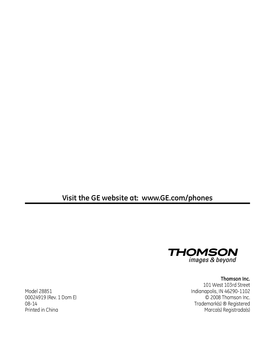 GE 28851 manual Thomson Inc 