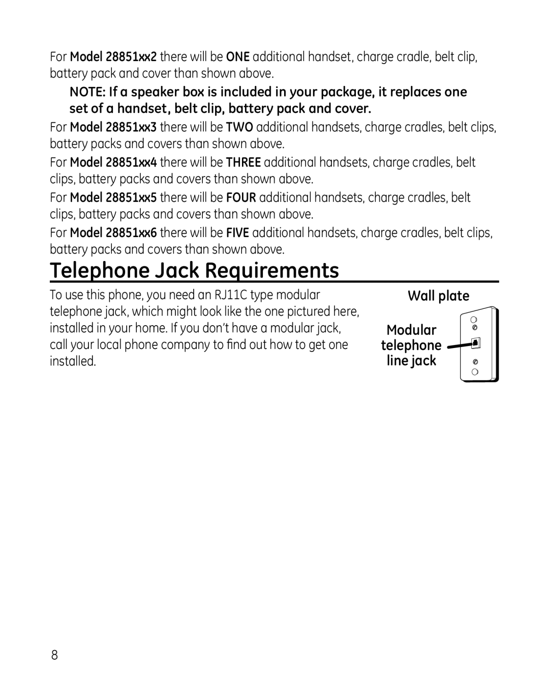 GE 28851 manual Telephone Jack Requirements 