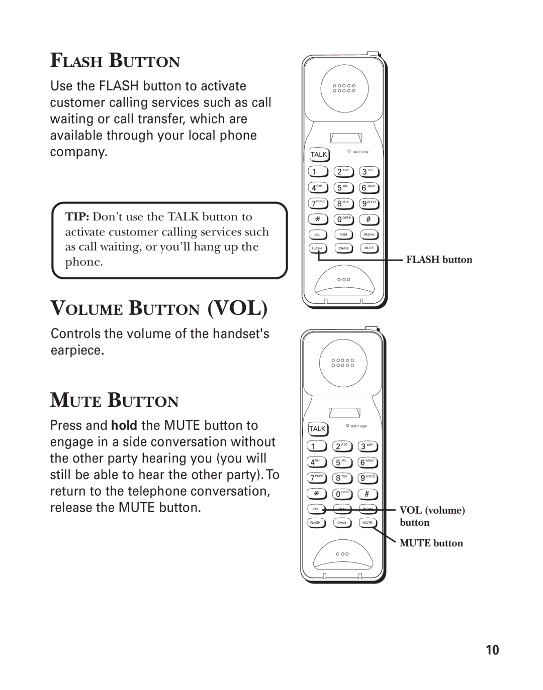 GE 2900SST important safety instructions Flash Button, Volume Button VOL, Mute Button 