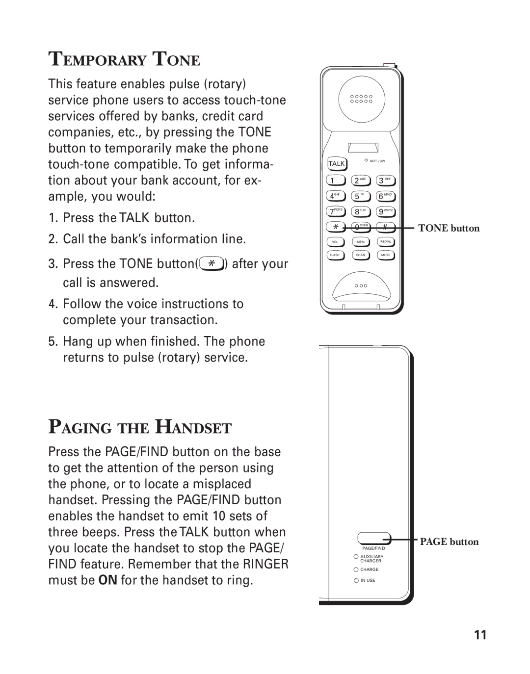 GE 2900SST important safety instructions Temporary Tone, Paging the Handset 