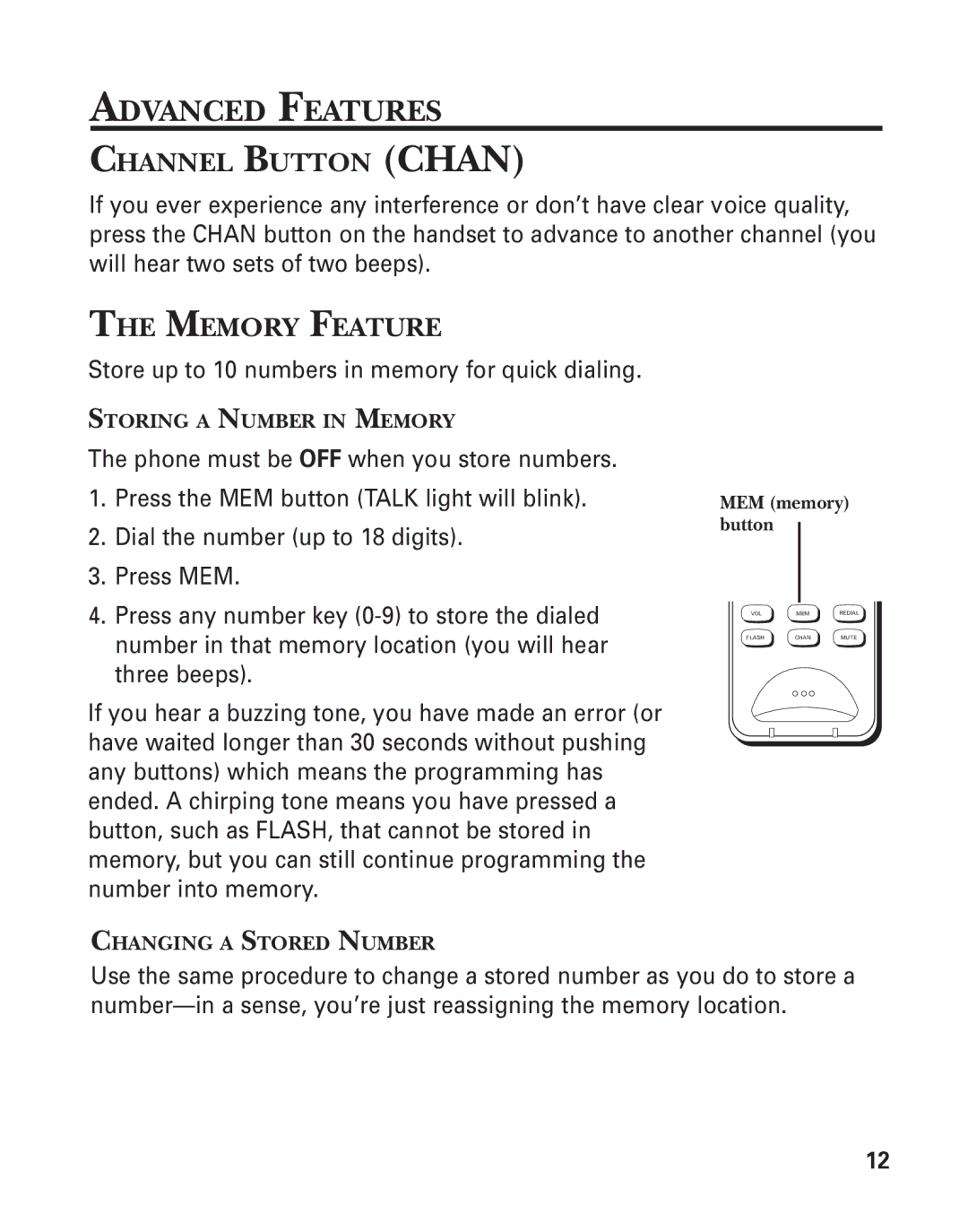 GE 2900SST important safety instructions Advanced Features, Channel Button Chan, Memory Feature 