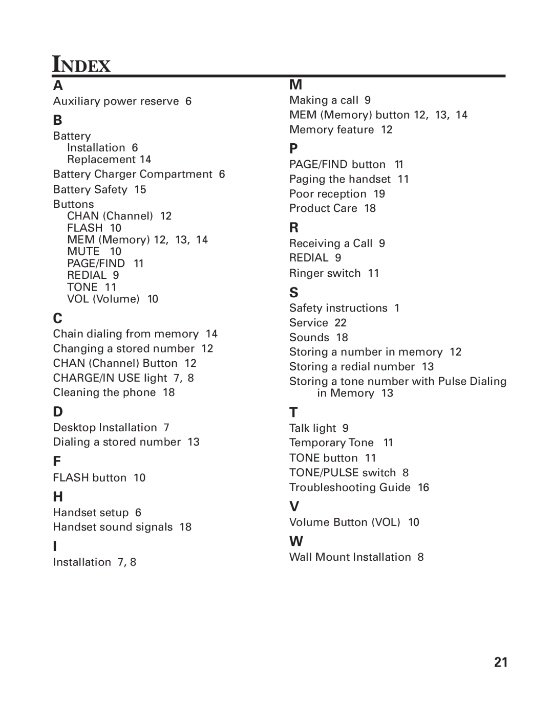 GE 2900SST important safety instructions Index, Mute PAGE/FIND Redial Tone 