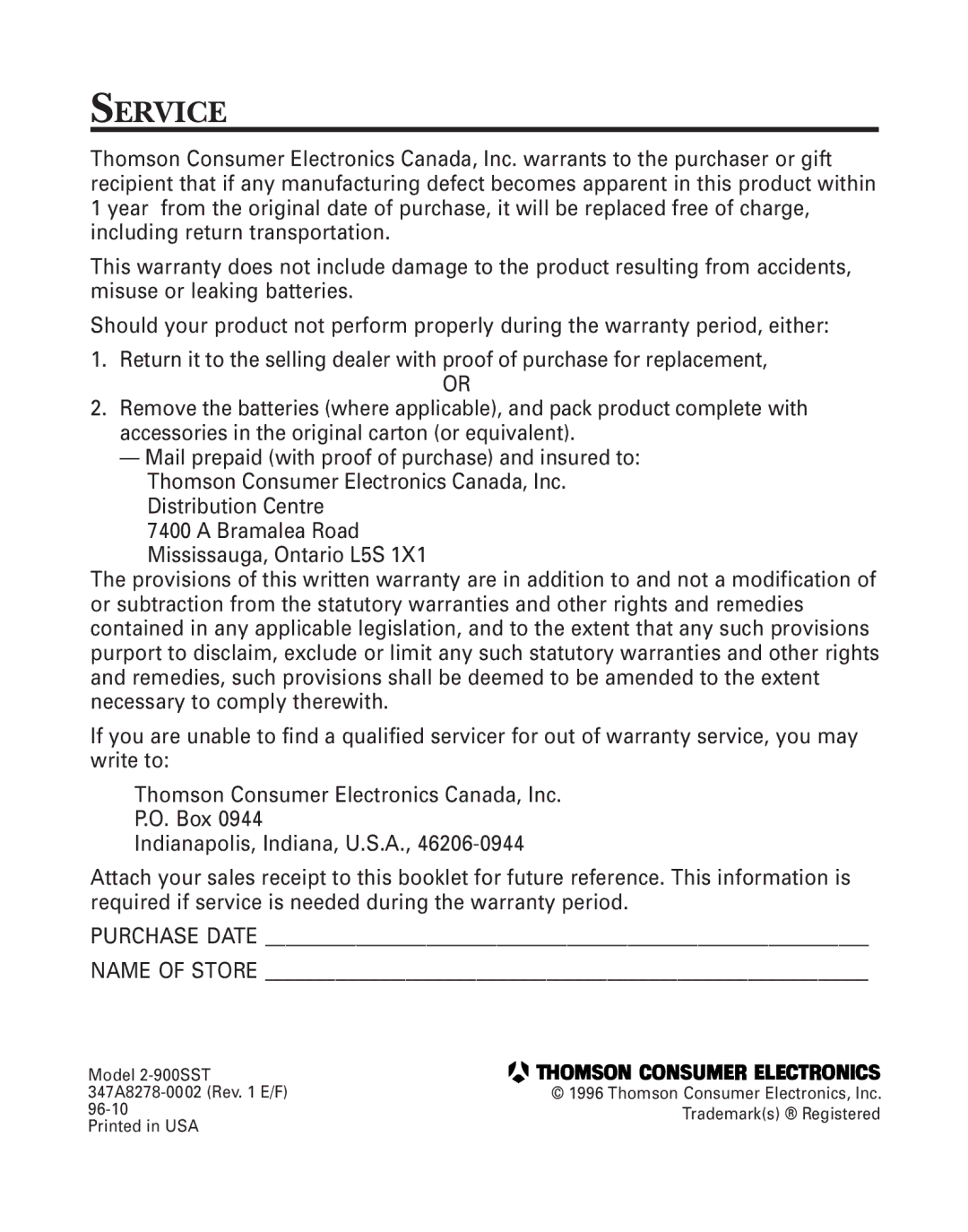 GE 2900SST important safety instructions Service, Purchase Date Name of Store 