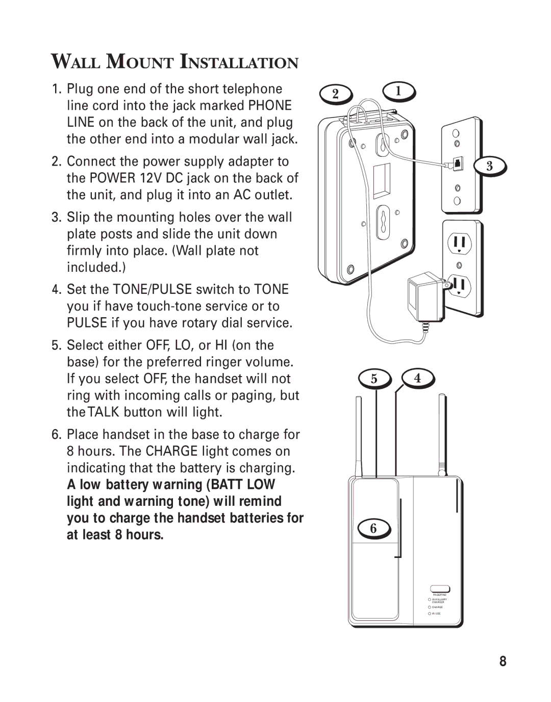 GE 2900SST important safety instructions Wall Mount Installation, Plug one end of the short telephone 