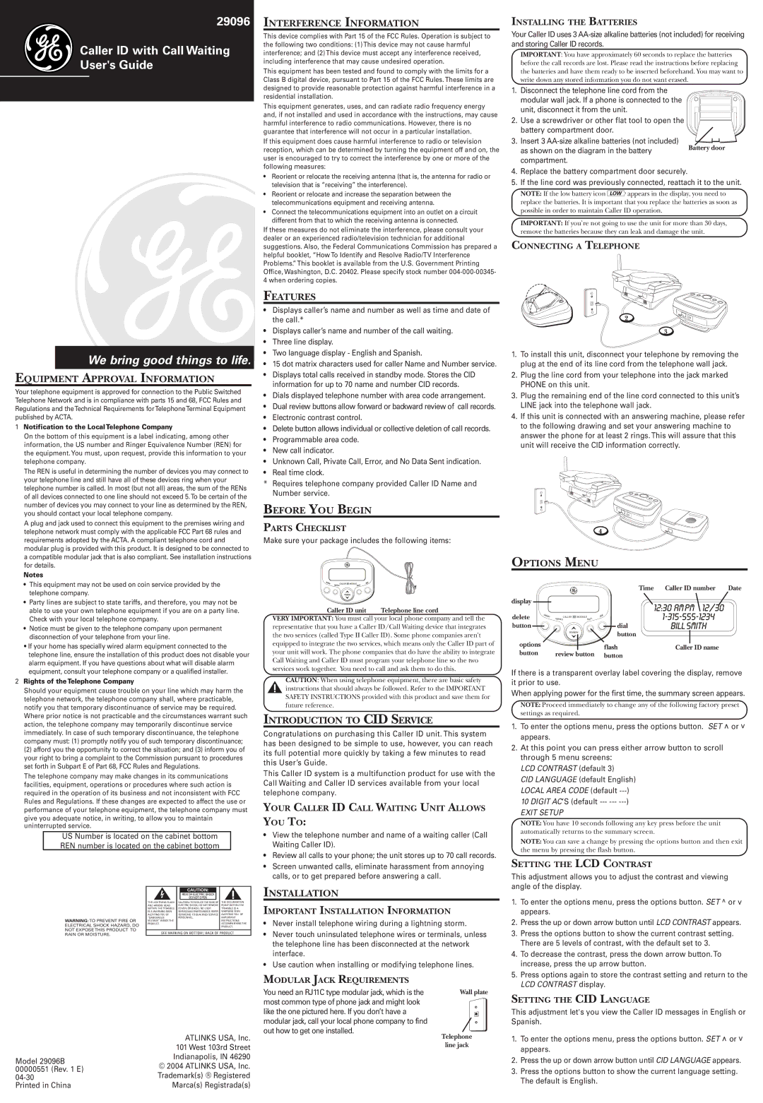 GE 29096 installation instructions Equipment Approval Information, Interference Information, Features, Before YOU Begin 