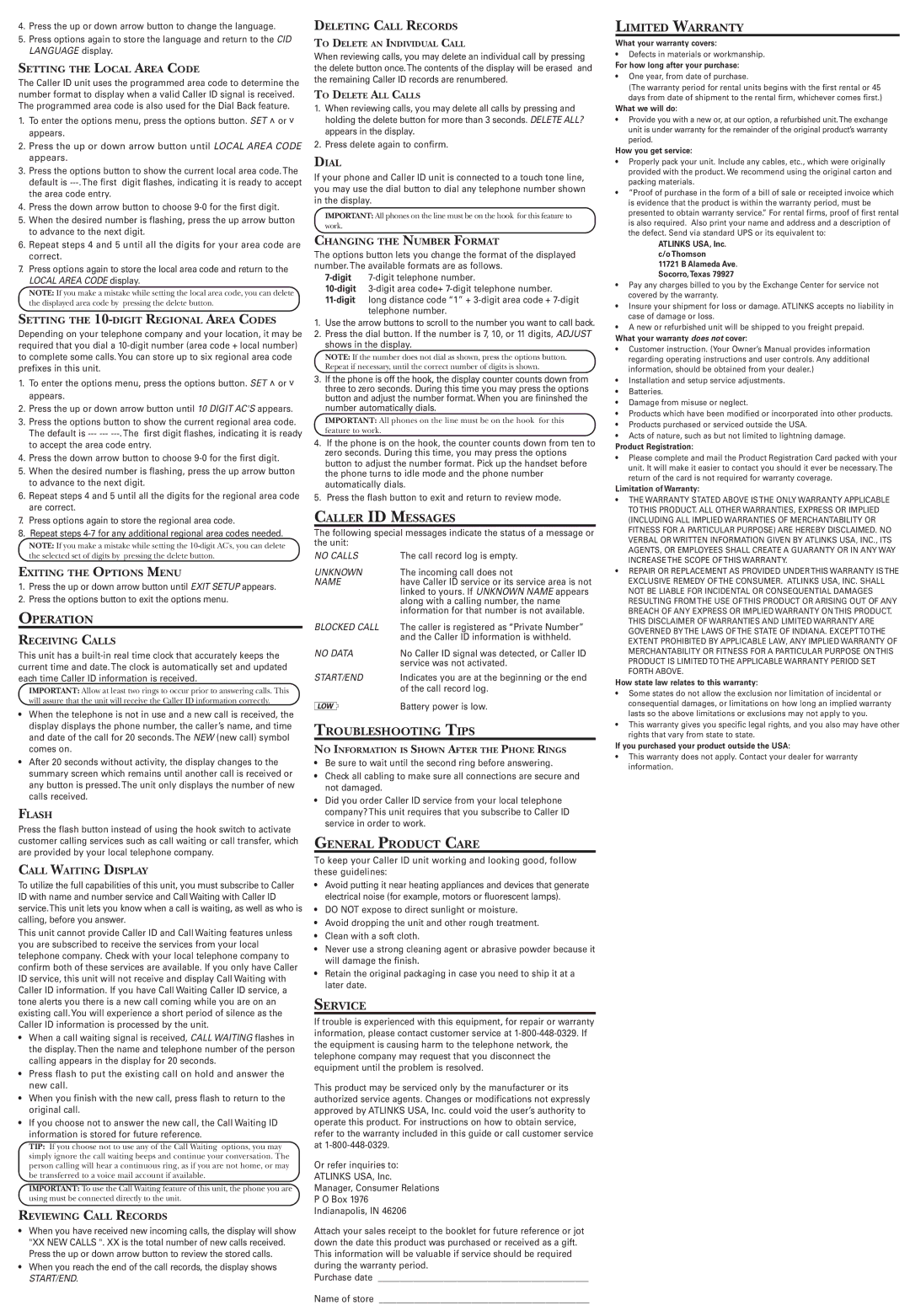 GE 29096 Caller ID Messages, Limited Warranty, Operation, Troubleshooting Tips, General Product Care, Service 