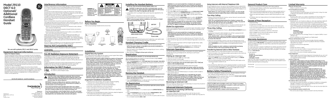 GE 29110 warranty Interference Information, Before You Begin, Installing the Handset Battery, General Product Care 