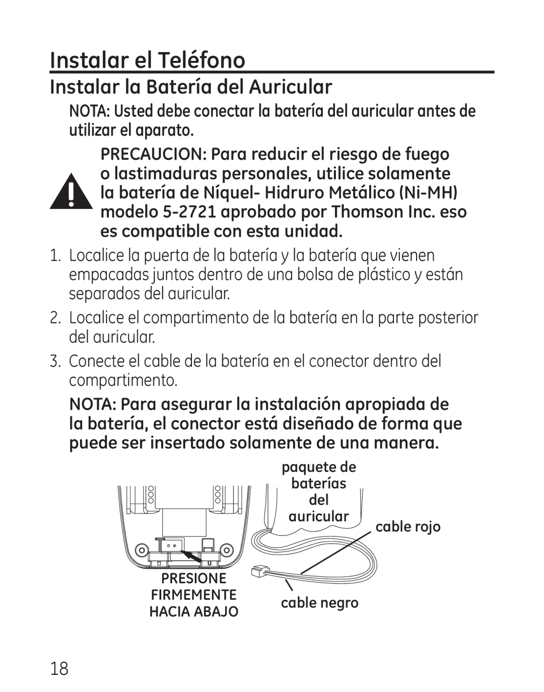 GE 29111 Series manual Instalar el Teléfono, Instalar la Batería del Auricular 