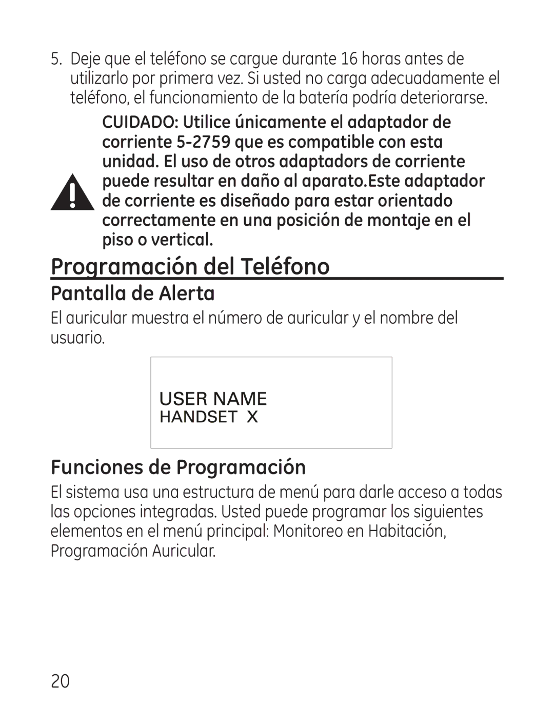 GE 29111 Series manual Programación del Teléfono, Pantalla de Alerta, Funciones de Programación 