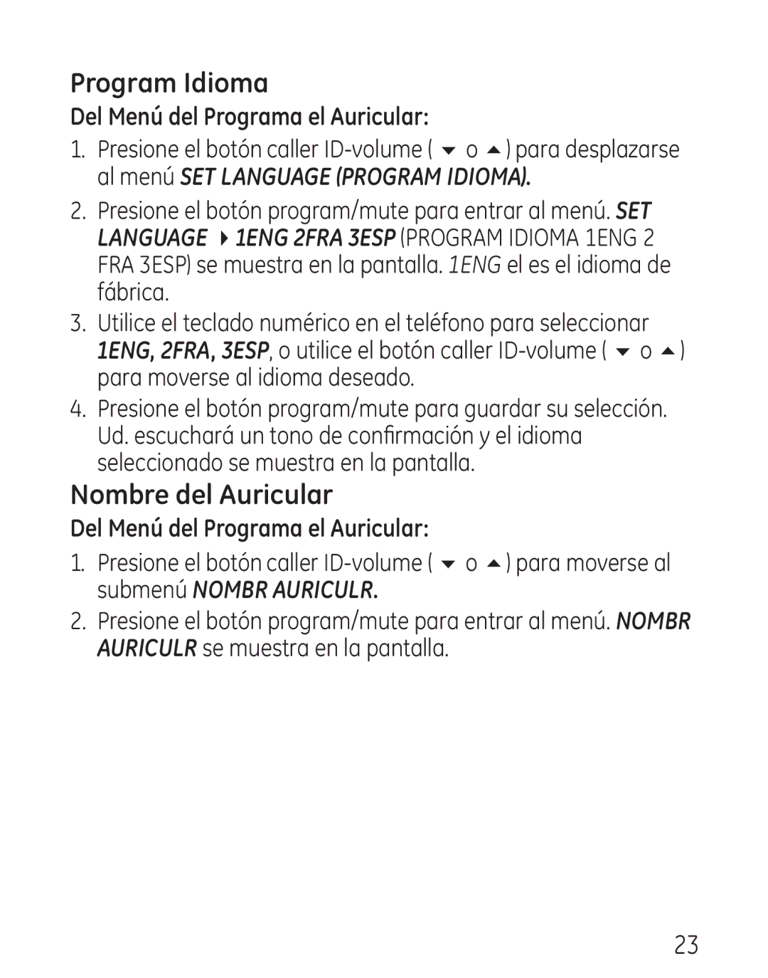 GE 29111 Series manual Program Idioma, Nombre del Auricular, Del Menú del Programa el Auricular 