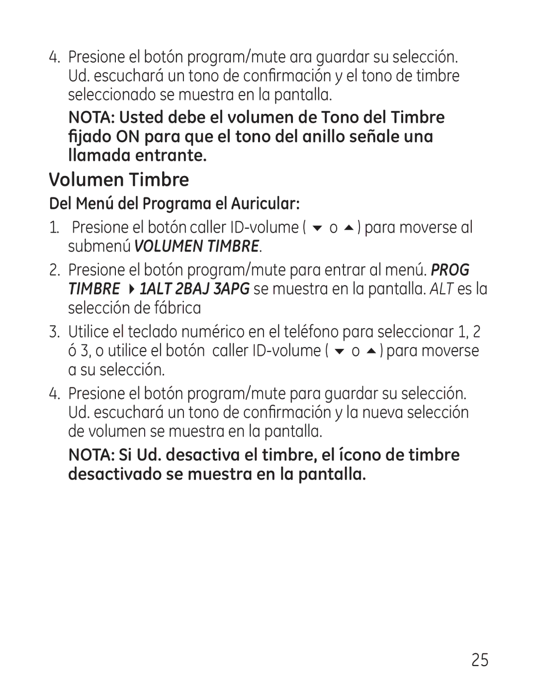 GE 29111 Series manual Volumen Timbre 