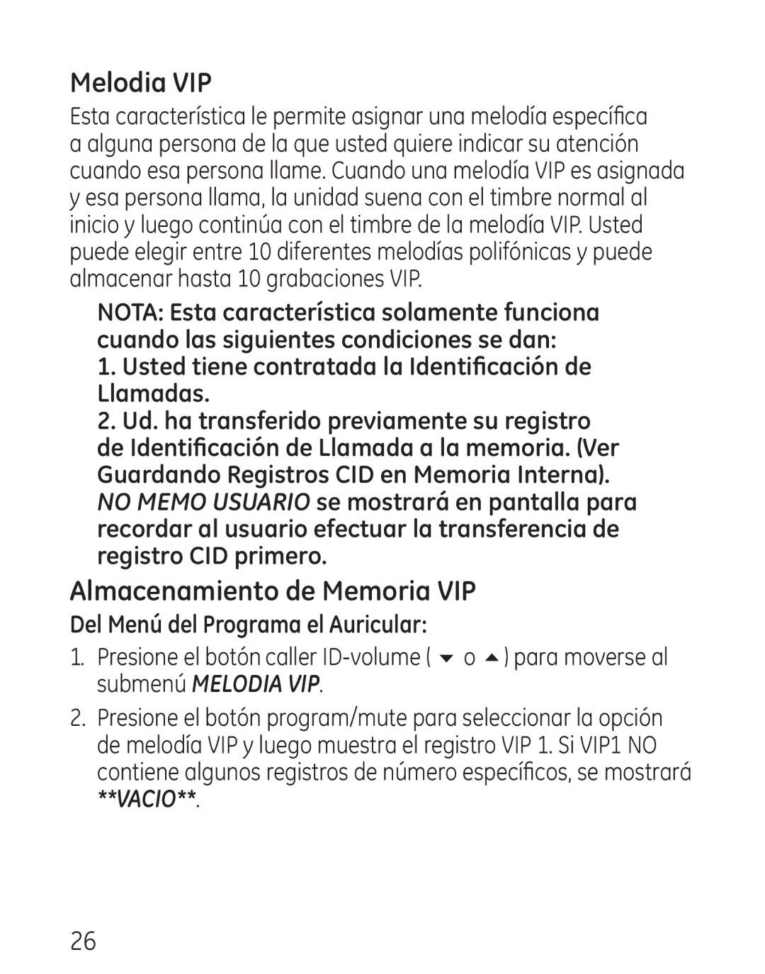 GE 29111 Series manual Melodia VIP, Almacenamiento de Memoria VIP 