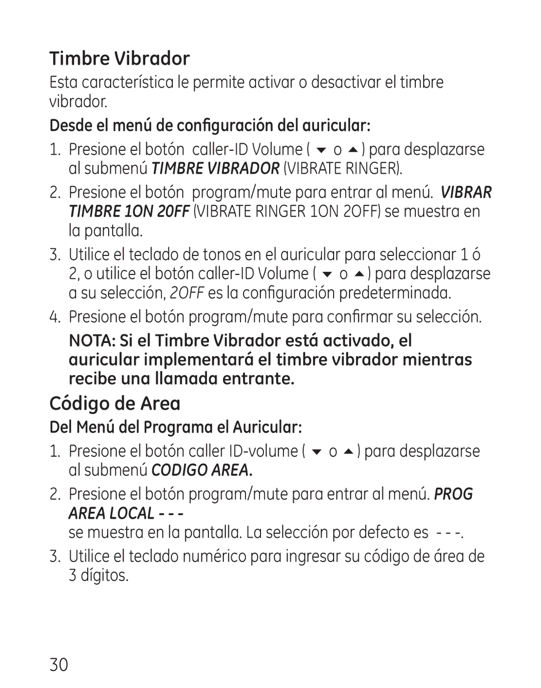 GE 29111 Series manual Timbre Vibrador, Código de Area, Desde el menú de configuración del auricular 