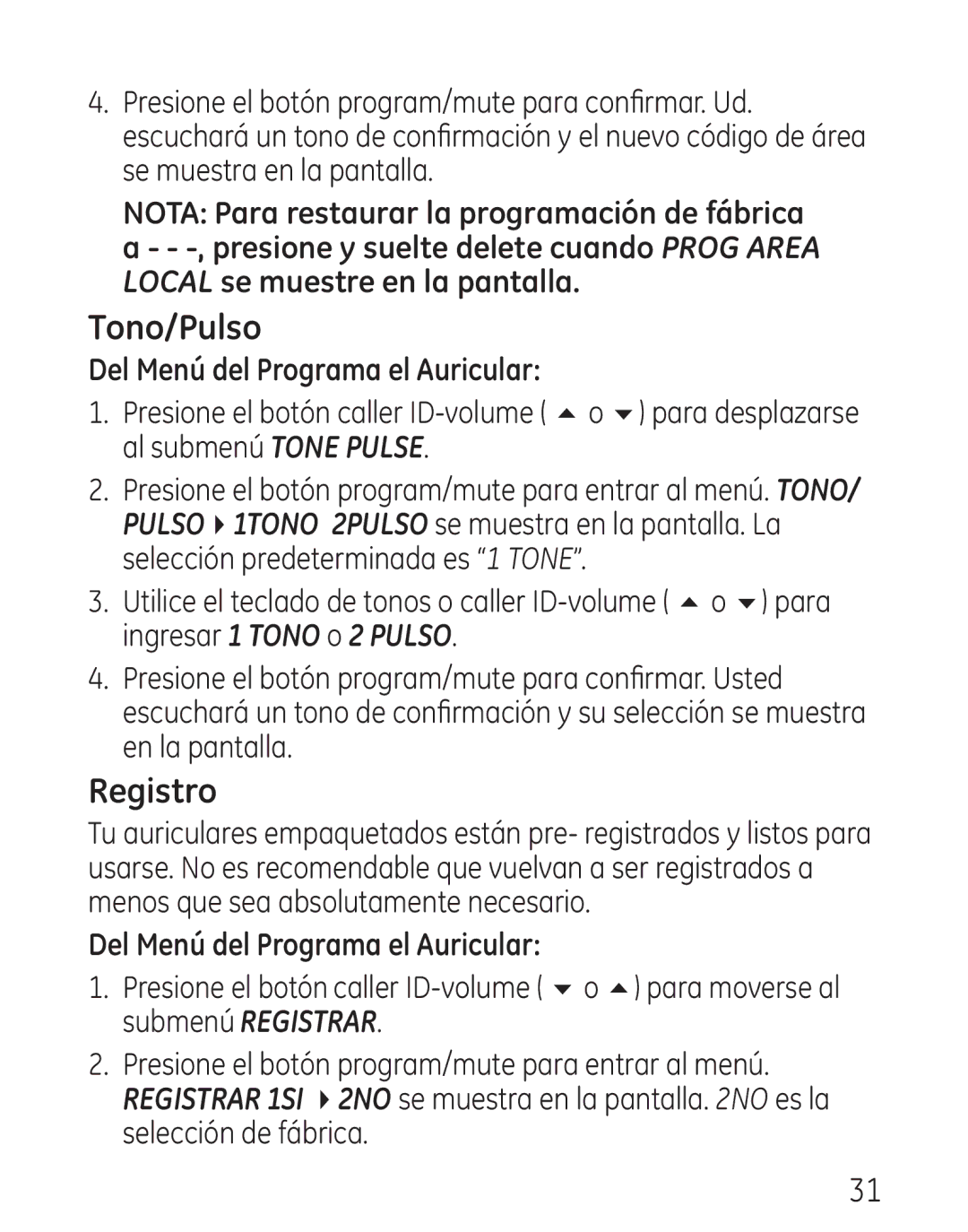 GE 29111 Series manual Tono/Pulso, Registro 