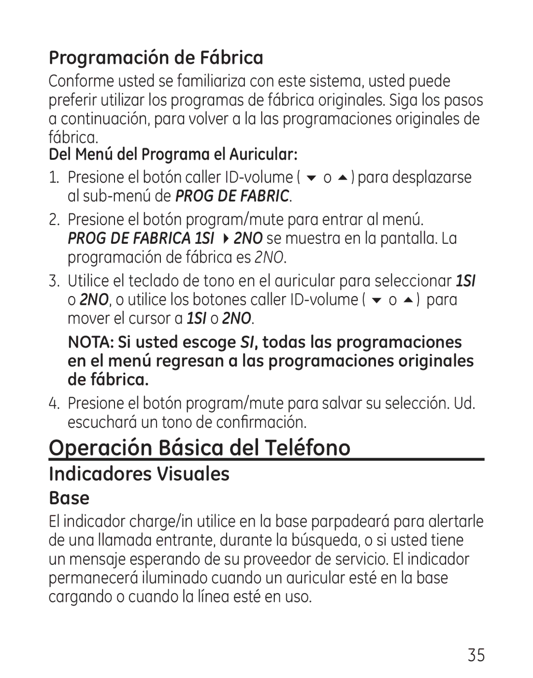 GE 29111 Series manual Operación Básica del Teléfono, Indicadores Visuales, Programación de Fábrica, Base 