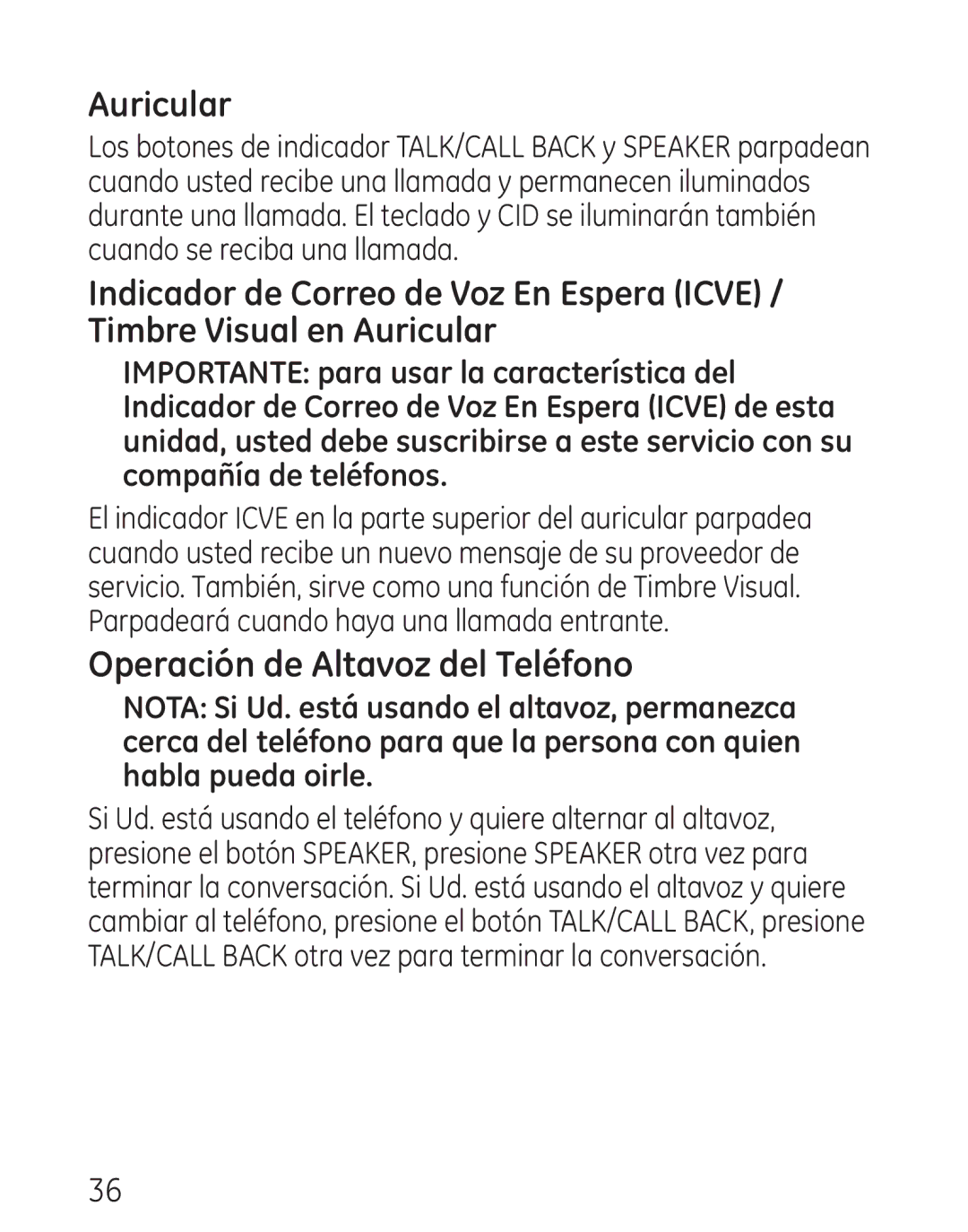 GE 29111 Series manual Operación de Altavoz del Teléfono, Auricular 