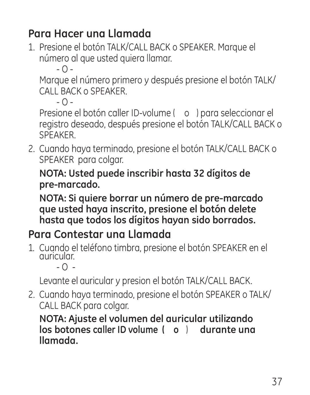 GE 29111 Series manual Para Hacer una Llamada, Para Contestar una Llamada 