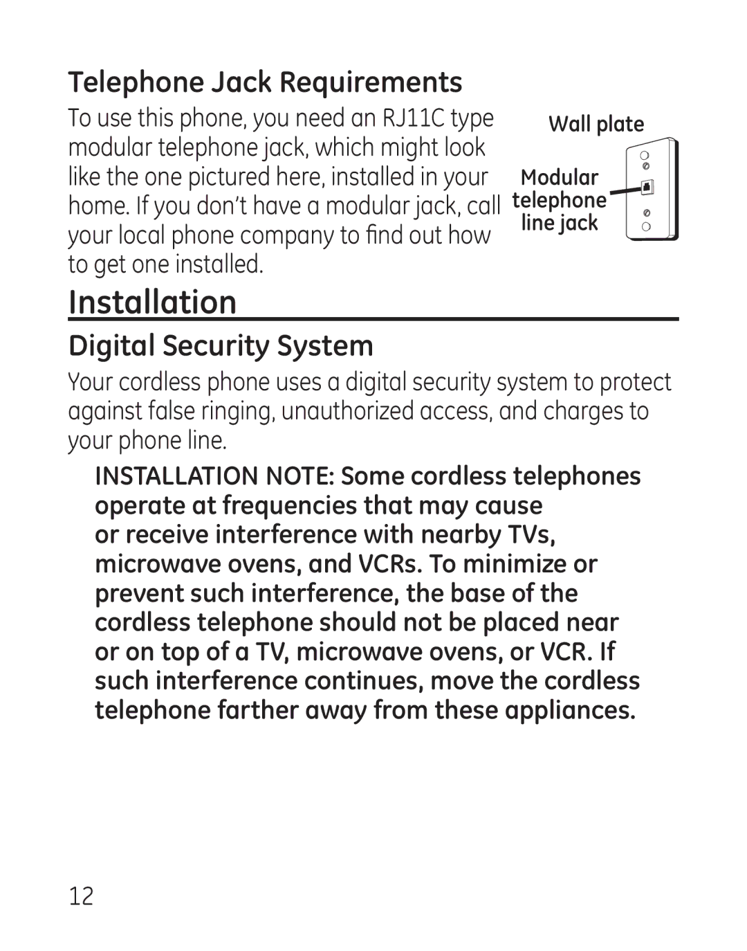 GE 29111 Series manual Installation, Telephone Jack Requirements, Digital Security System 