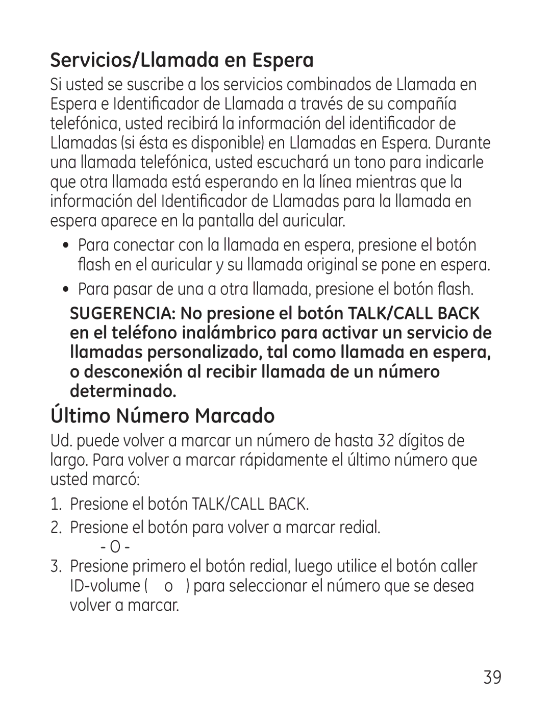 GE 29111 Series manual Servicios/Llamada en Espera, Último Número Marcado 