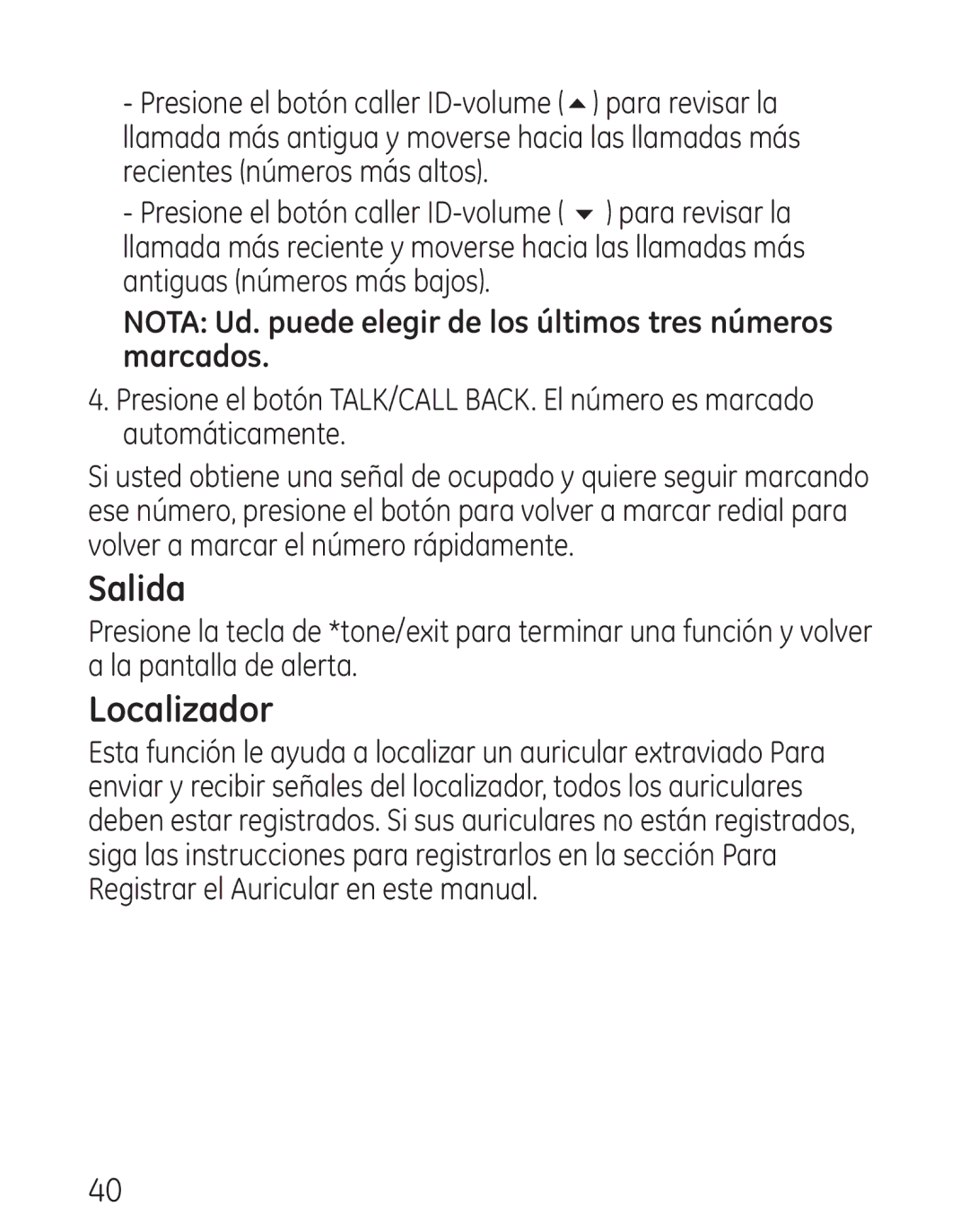 GE 29111 Series manual Salida, Localizador, Nota Ud. puede elegir de los últimos tres números marcados 