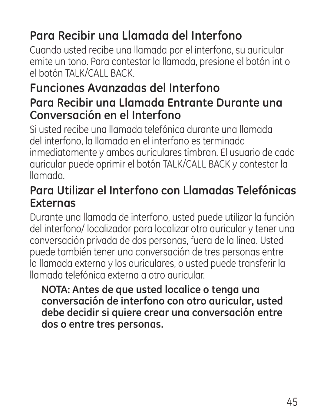 GE 29111 Series manual Para Recibir una Llamada del Interfono, Funciones Avanzadas del Interfono 