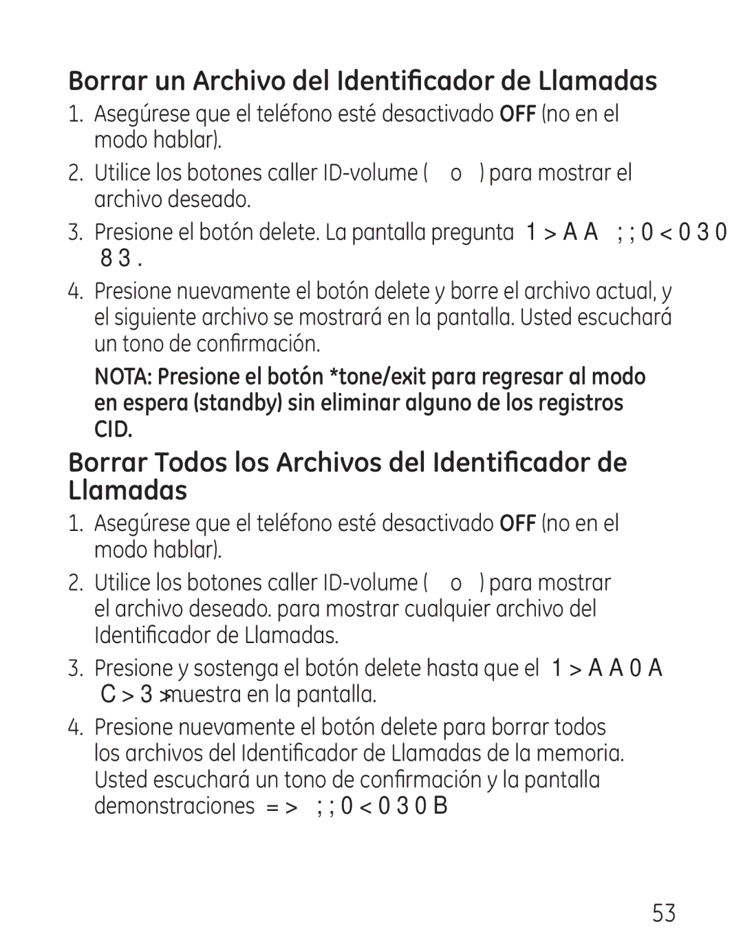 GE 29111 Series Borrar un Archivo del Identificador de Llamadas, Borrar Todos los Archivos del Identificador de Llamadas 