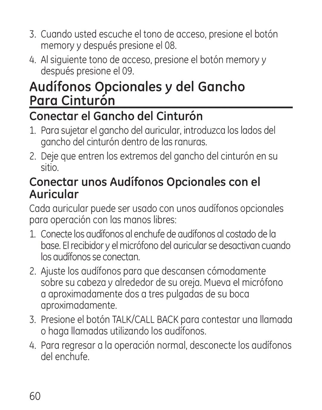 GE 29111 Series manual Audífonos Opcionales y del Gancho Para Cinturón, Conectar el Gancho del Cinturón 