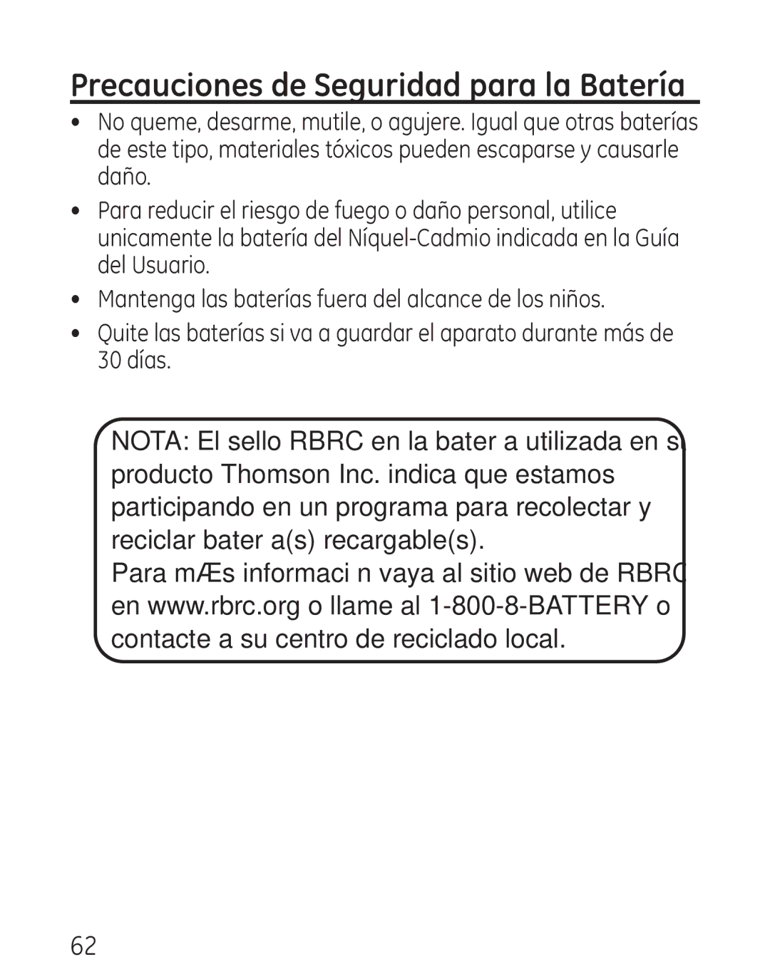 GE 29111 Series manual Precauciones de Seguridad para la Batería 