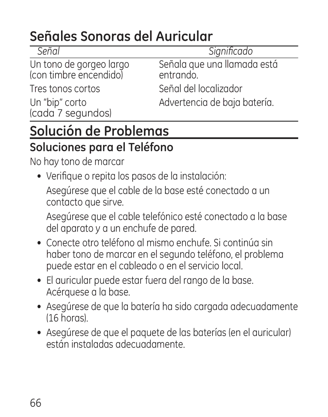 GE 29111 Series manual Señales Sonoras del Auricular, Solución de Problemas, Soluciones para el Teléfono 