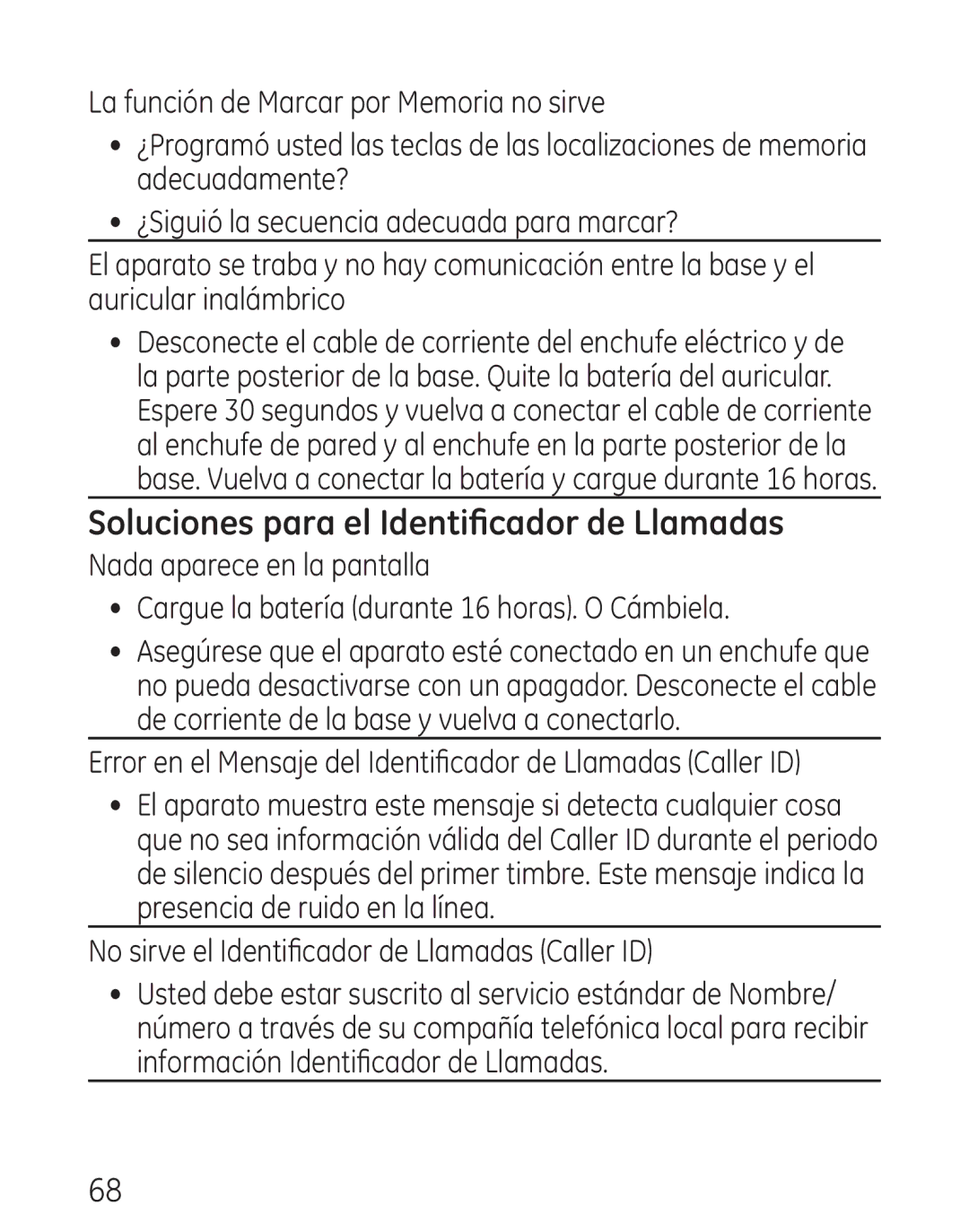 GE 29111 Series Soluciones para el Identificador de Llamadas, Error en el Mensaje del Identificador de Llamadas Caller ID 