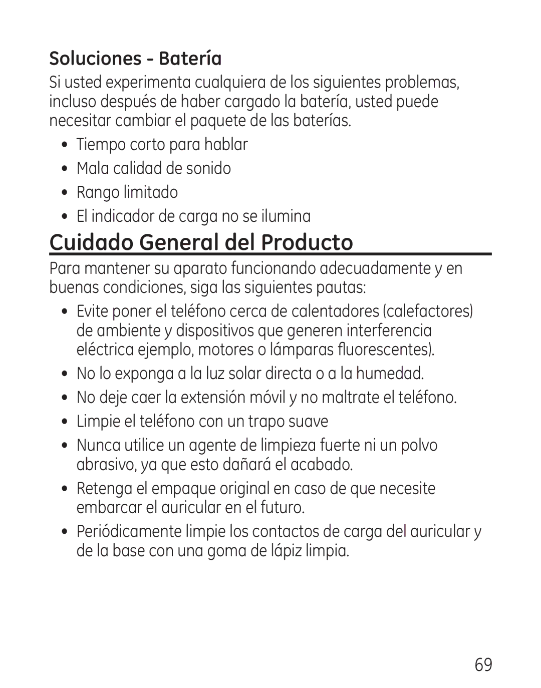 GE 29111 Series manual Cuidado General del Producto, Soluciones Batería 