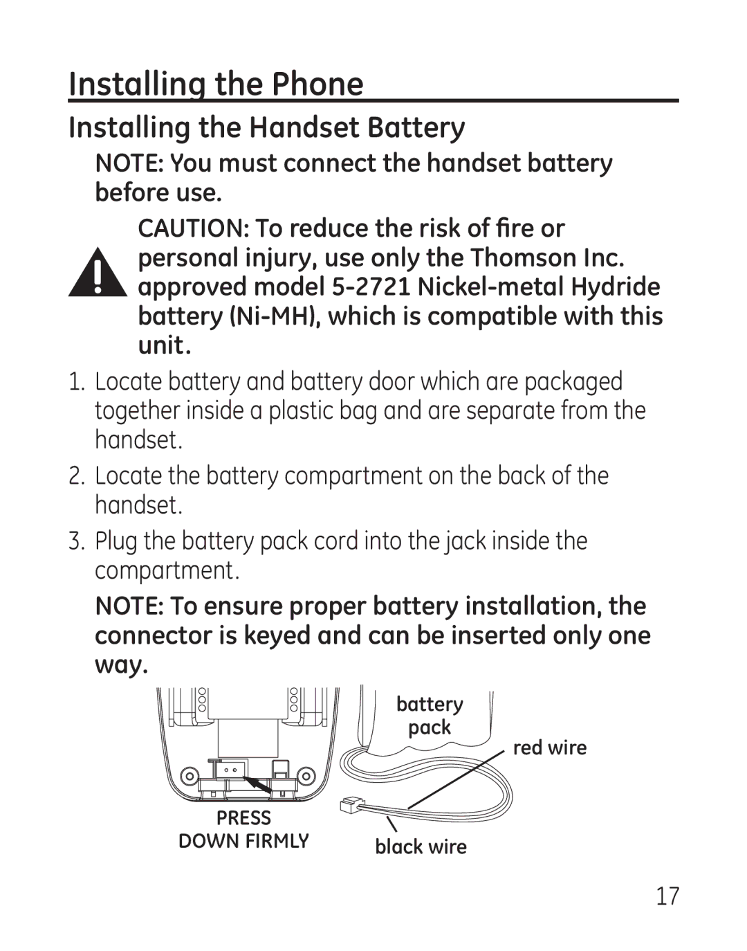 GE 29111 Series manual Installing the Phone, Installing the Handset Battery 