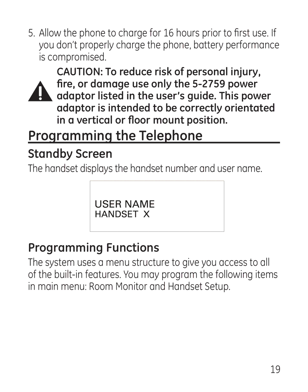 GE 29111 Series manual Programming the Telephone, Standby Screen, Programming Functions 